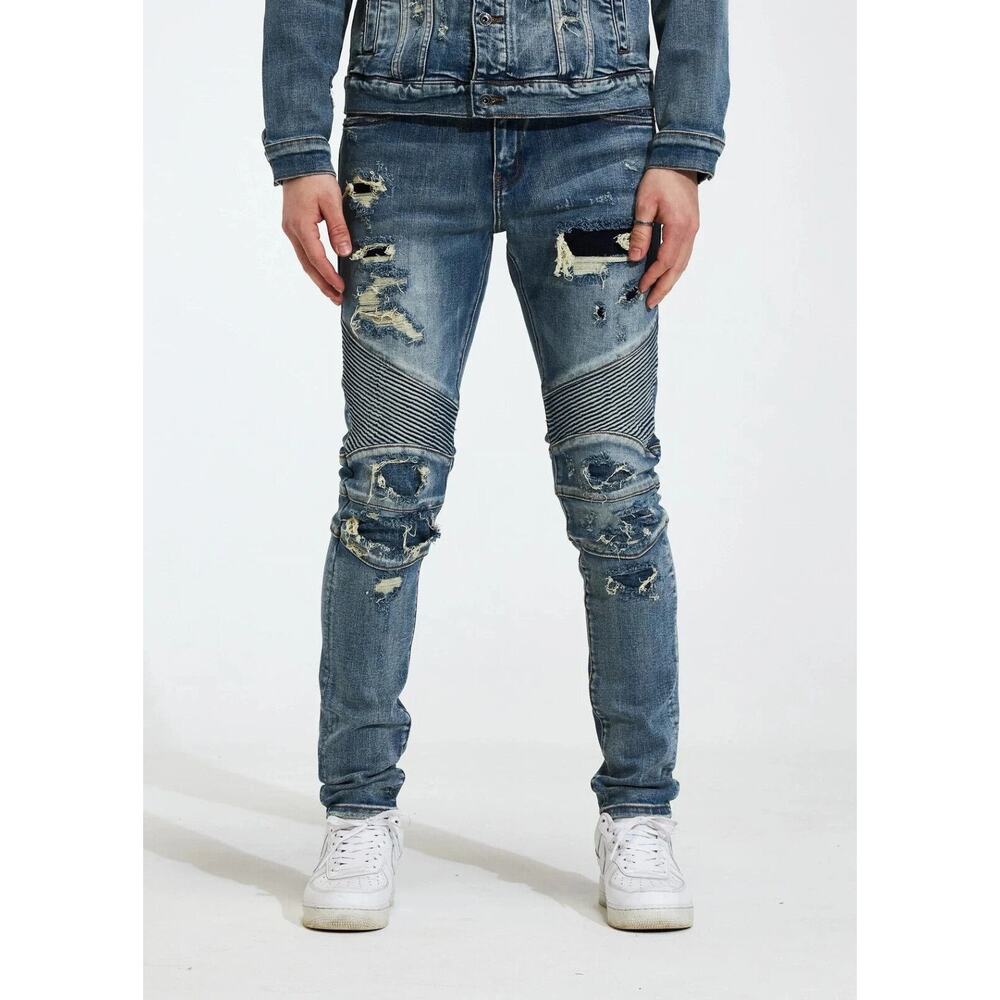 Crysp Denim Men's Biker Moto Distressed Rip & Repair Skinny Fit Stretch Jeans
